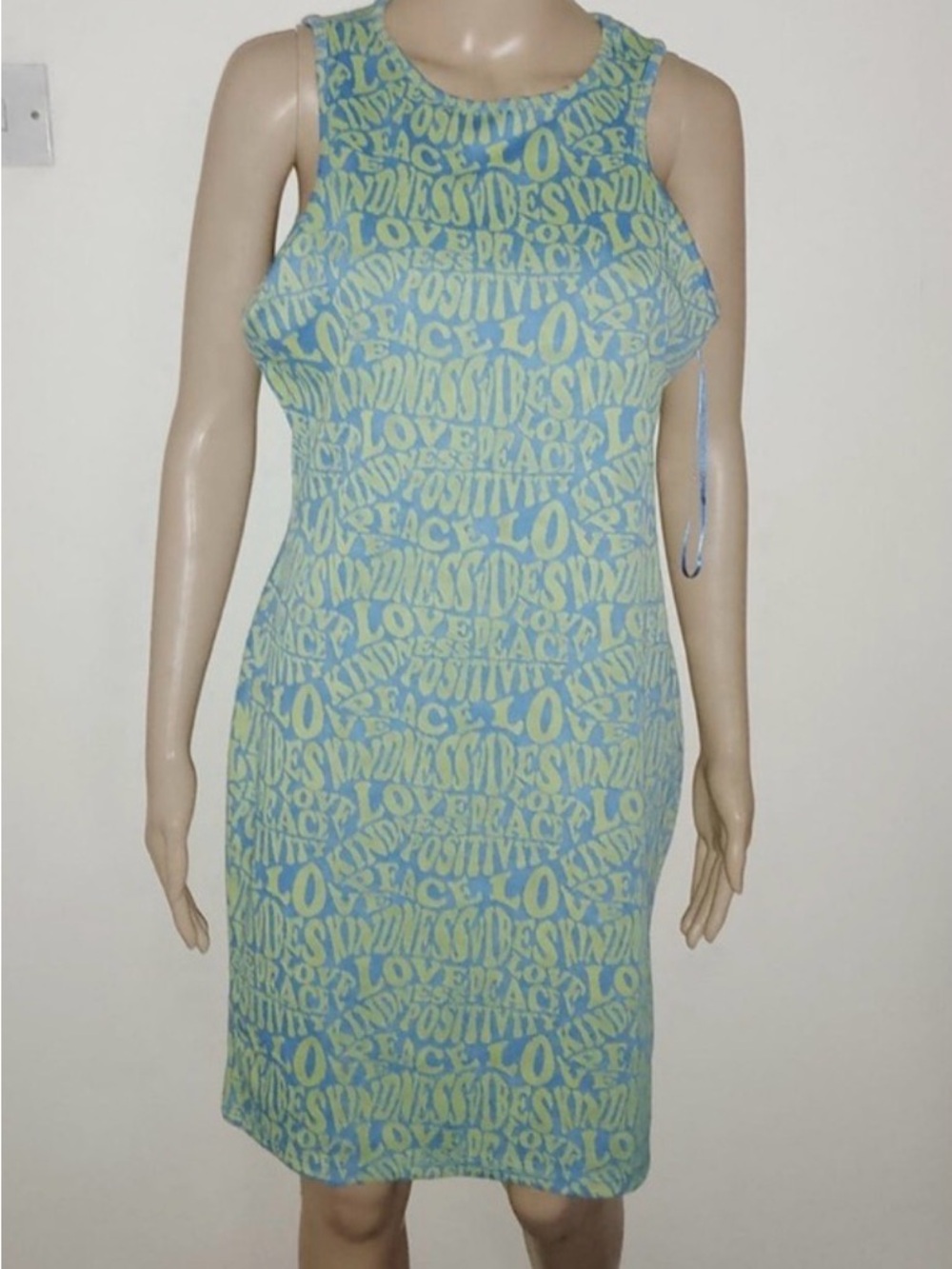 Primark Blue and Yellow Word-Print Bodycon Dress kindness love peace size XL
